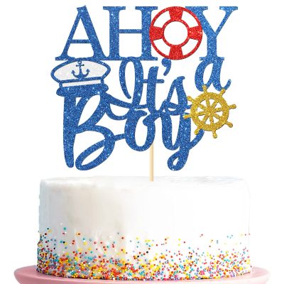 Ahoy It's a Boy Cake Topper, Nautical Theme Gender Reveal Party Decorations, Hello Baby Boy - Welcome Baby Boy Sign Cake Decors, Glittery Navy Blue Baby First Birthday Supplies