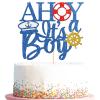 Ahoy It's a Boy Cake Topper, Nautical Theme Gender Reveal Party Decorations, Hello Baby Boy - Welcome Baby Boy Sign Cake Decors, Glittery Navy Blue Baby First Birthday Supplies view 1