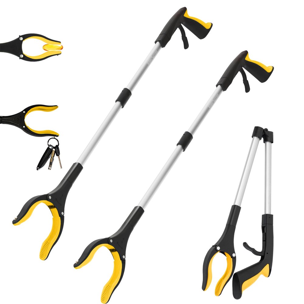 2- Pack GrabRunner Reacher Grabber Tool with Strong Magnetic for Elderly 32 inch Folding Reacher Tool with Long Reach Arm Extender (Yellow/Yellow)