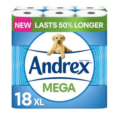 Andrex Classic Clean Mega Toilet 2-Ply Roll, White - 18 XL Rolls Same Quality Roll, Lasts Even Longer, = 27 Standard