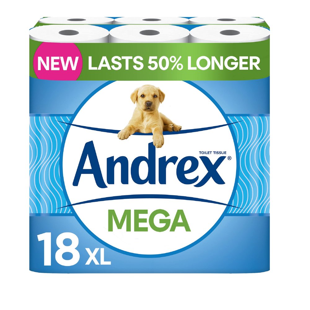 Andrex Classic Clean Mega Toilet 2-Ply Roll, White - 18 XL Rolls Same Quality Roll, Lasts Even Longer, = 27 Standard