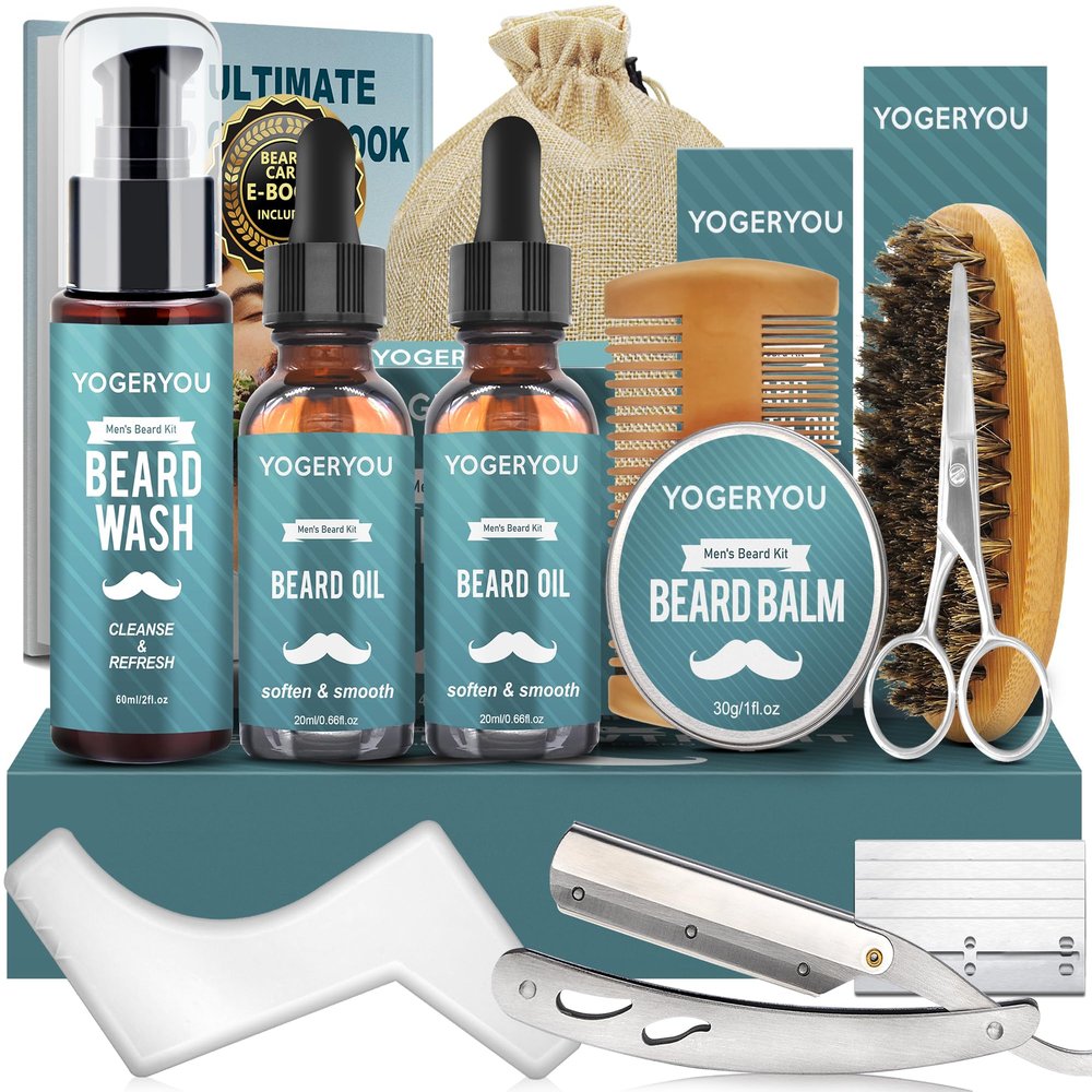 Beard Grooming Kit for Men W/Straight Razor,2 PACK Beard Oil,Wash,Balm,Brush,Comb,Scissors Mens Birthday Christmas Gifts for Men Him Boyfriend Husband Shaving Kit