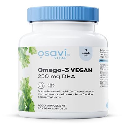 Osavi Omega3 Vegan, 250 mg DHA  60 Softgels | Highly Concentrated Algae Oil from Schizochytrium sp. | Supports Brain, Vision & Heart Health | VeganFriendly Tapioca Softgel