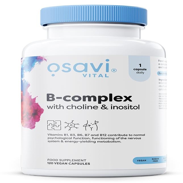 Osavi BComplex with Choline & Inositol  120 Vegan Capsules | Complete BVitamin Support for Energy, Nervous System & Mental Performance | with VitaCholine | Clean Label | VeganFriendly