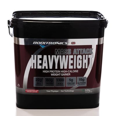 Boditronics Mass Attack Heavyweight Mass Gainer Protein Powder with 60g Protein, 214g Carbohydrates, 5g Creatine per Serving, Strawberries and Cream, 6kg