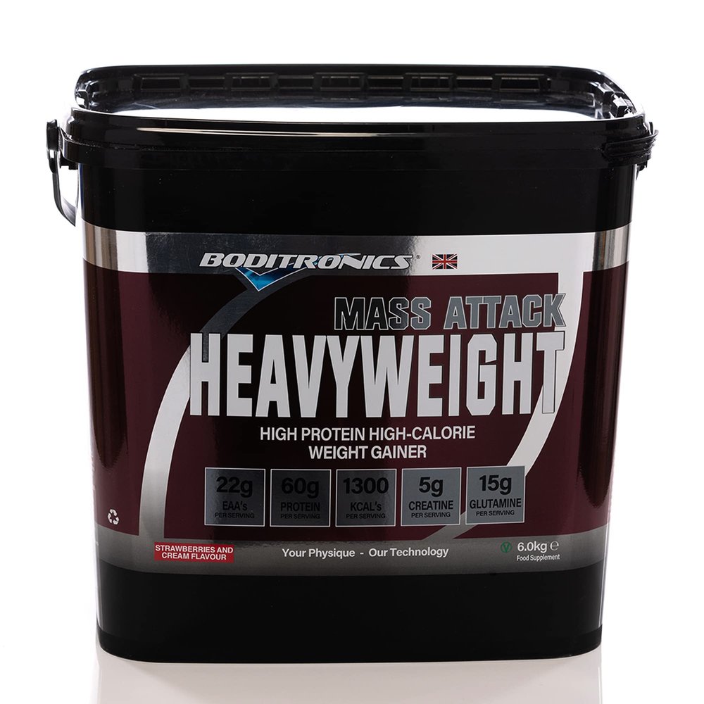 Boditronics Mass Attack Heavyweight Mass Gainer Protein Powder with 60g Protein, 214g Carbohydrates, 5g Creatine per Serving, Strawberries and Cream, 6kg