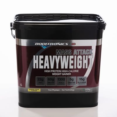 Boditronics Mass Attack Heavyweight Mass Gainer Protein Powder with 60g Protein, 214g Carbohydrates and 5g Creatine per Serving, Banana Cream, 6 kg
