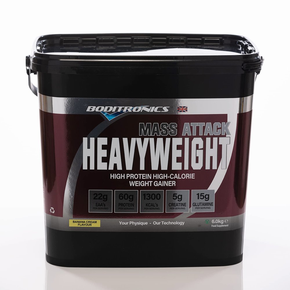 Boditronics Mass Attack Heavyweight Mass Gainer Protein Powder with 60g Protein, 214g Carbohydrates and 5g Creatine per Serving, Banana Cream, 6 kg