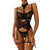 Women Sexy Lingerie Bodysuit Women Fashion Lace Eyelash Stitching Cross Underwear Halter Garter Three Piece Set Black S view 1