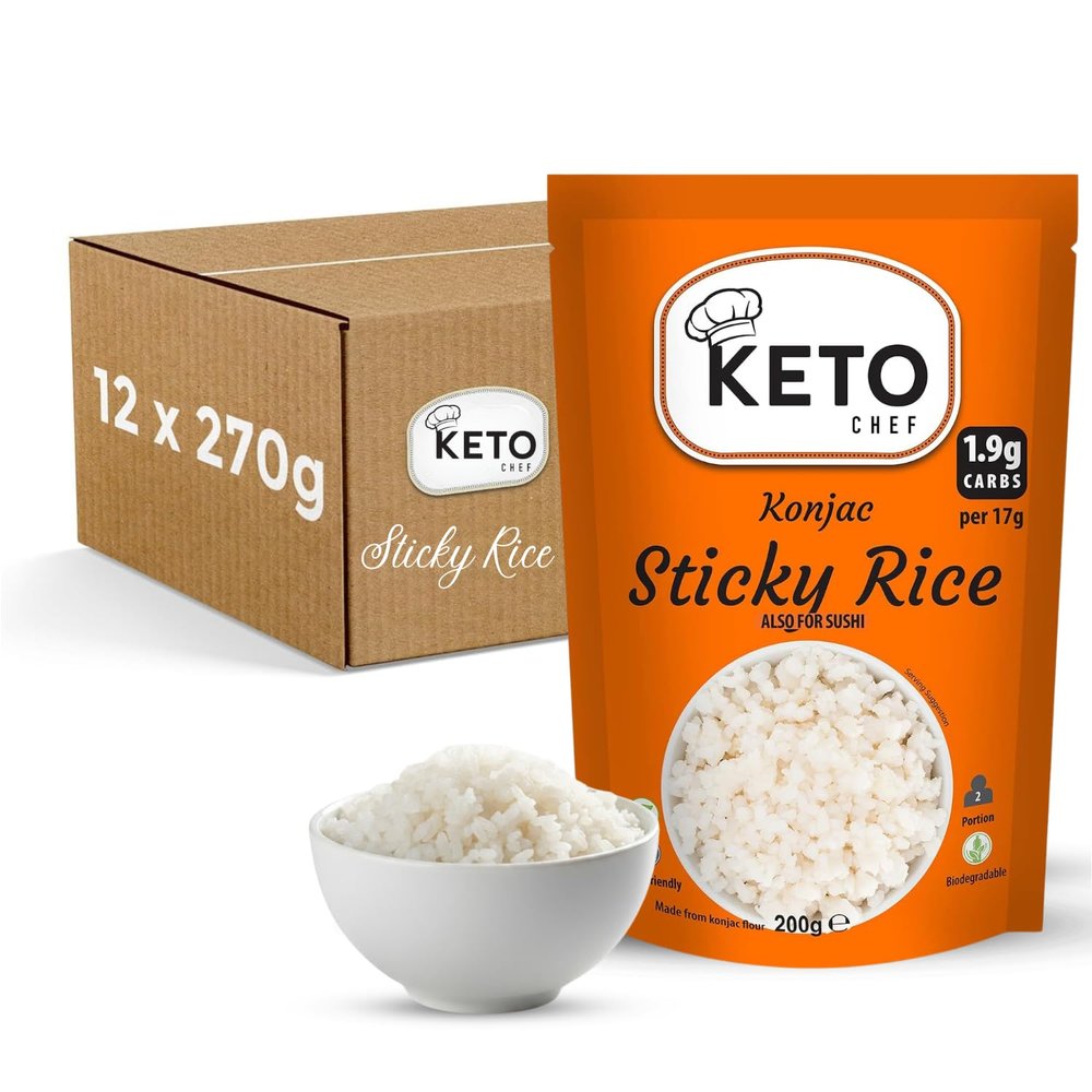Keto Chef Konjac (Sticky Rice, Pack of 12 x 200g), Vegan, Instant Sushi Rice, Low Carb, Gluten & Sugar Free, Low Calorie, Ready to Eat, Healthy Keto Diet Food