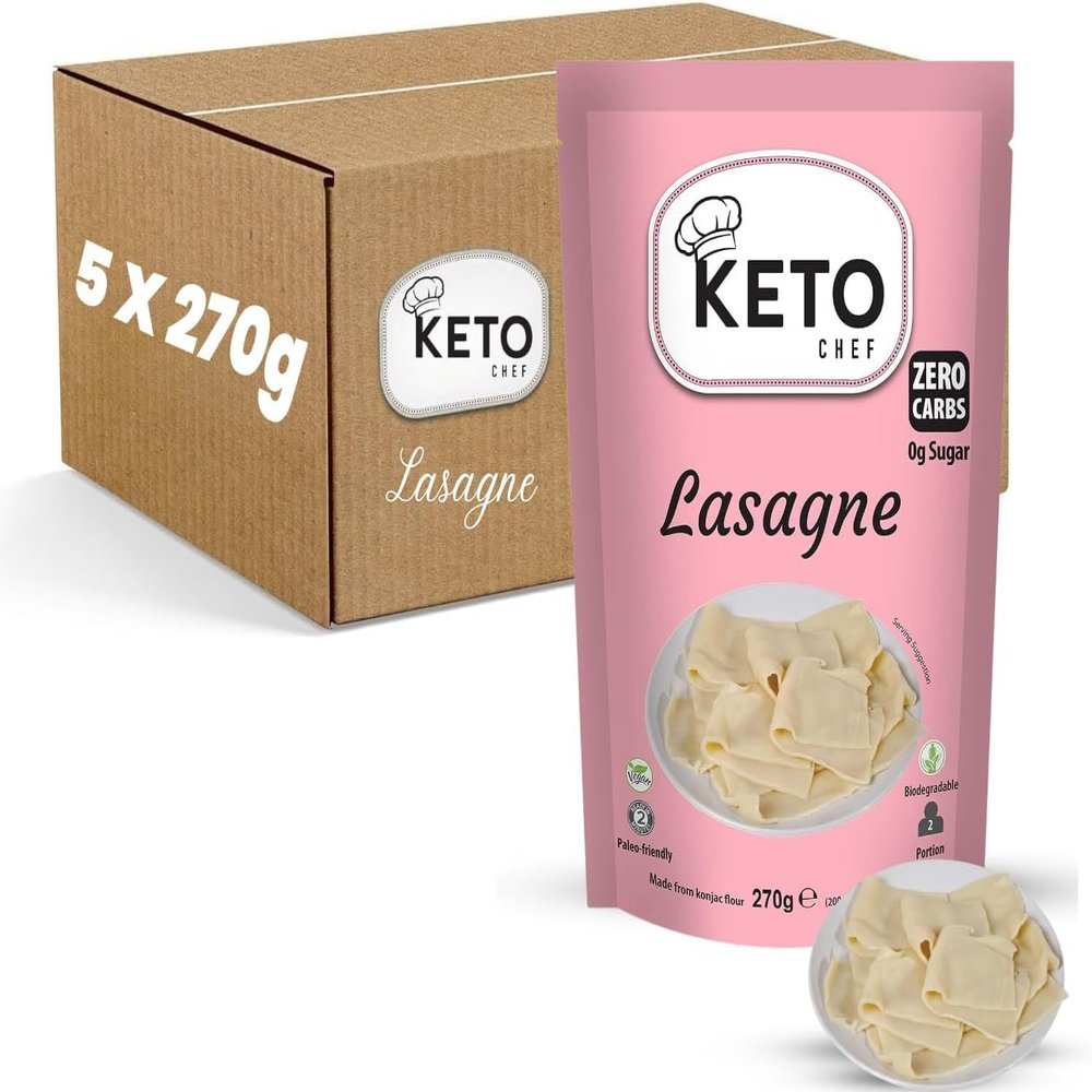 Keto Chef Vegan Lasagne Pasta Sheets (Pack of 5, 270g) - Konjac Instant Slim Pasta Sheet, Shirataki, Contain Zero Carbohydrates, Made from Free-from Flour, Paleo Friendly, Low Calorie Ready to Eat