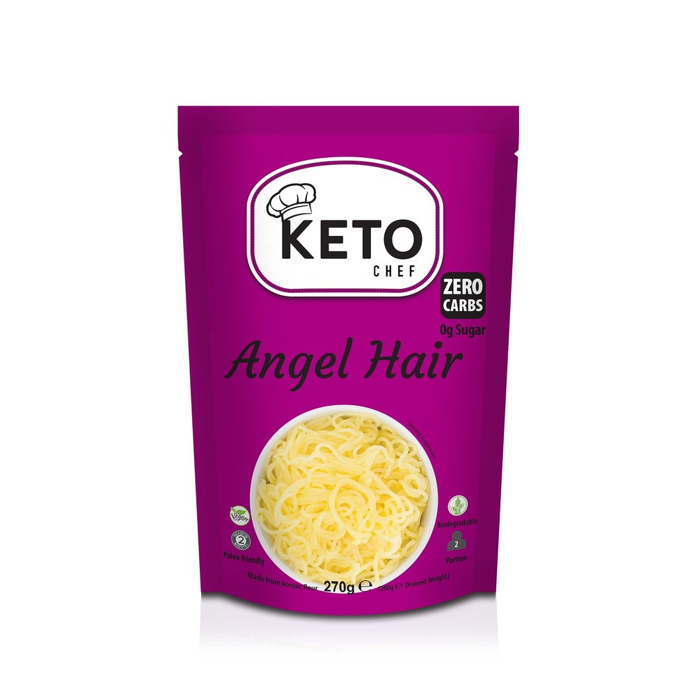 Keto Chef Vegan Angel Hair Noodles  Free-From & Fat Free, Made of Konjac Flour, Shirataki, Contains Zero Carbohydrates & Sugar, Low Calorie Instant Food, Ready to Eat | Pack of 12 (270g)