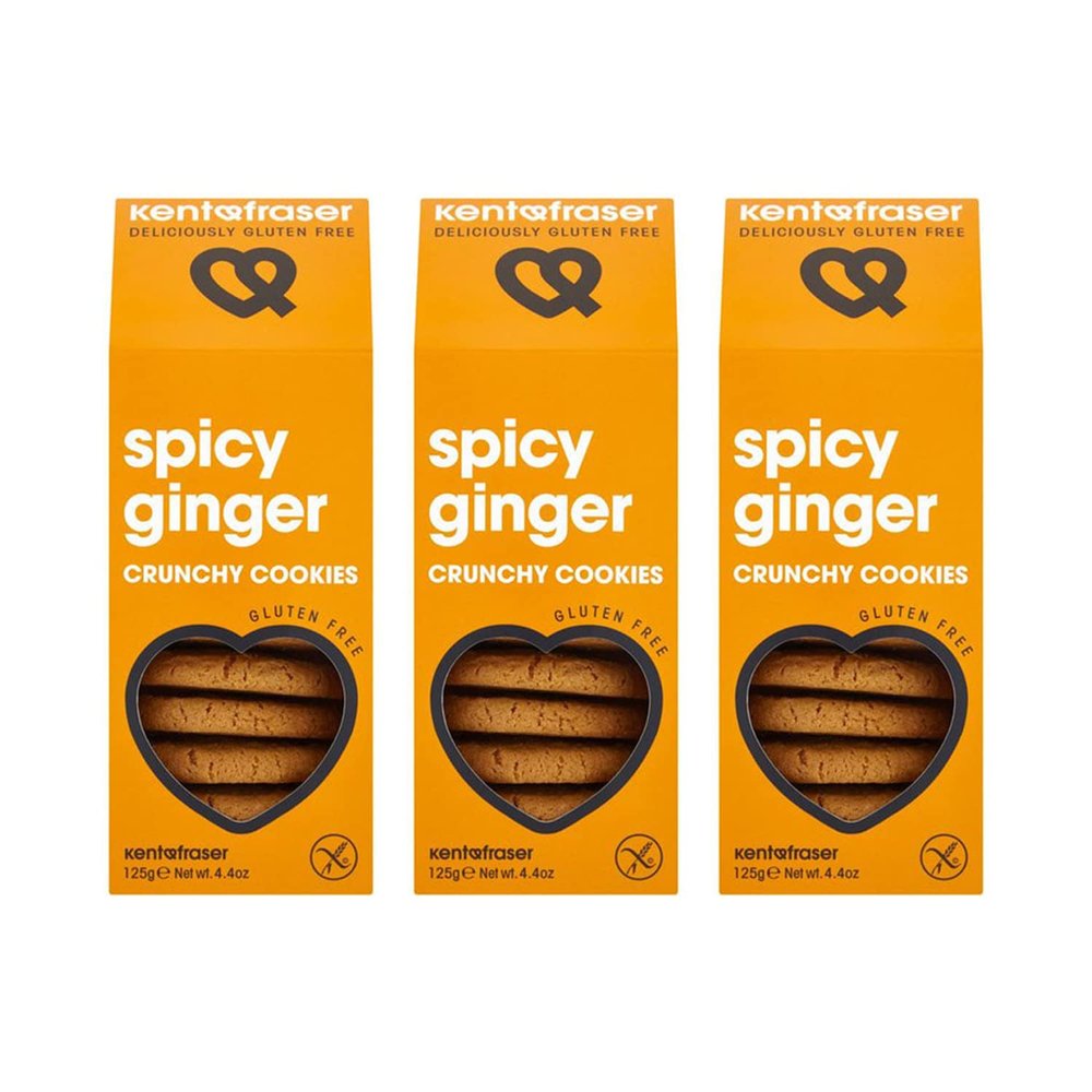 Kent & Fraser Gluten Free Spicy Ginger Crunchy Cookies | Wheat Free Artisan Biscuits | Natural Ingredients | 125g (Pack of 3)