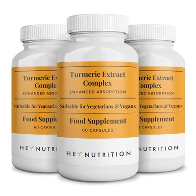 Hey Nutrition Turmeric Extract Complex - Vitamin D3 & C, Black Pepper Extract - Support Muscle & Joint Relief - Maximum Potency & Enhanced Absorption - UK Manufactured - 3 Pack - 180 Vegan Capsules