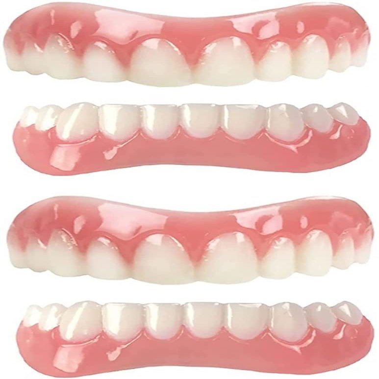 Dentures Cosmetic Veneer, Natural Tone Instant Veneers Dental Silicone Tooth Whitening Temporary Prosthesis Teeth Top Bottom False Teeth Men and Women Veneer,2pcs