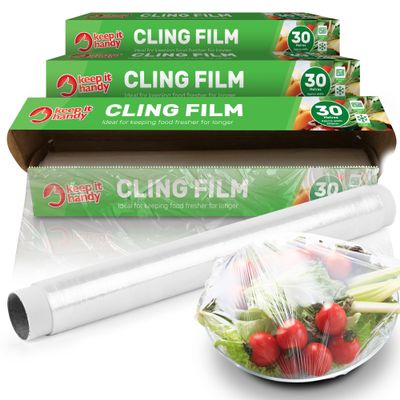 SOL 3pk Cling Film for Food |Catering Dispenser and Cutter | Storing Refill Rolls Kitchen Preparation Reusable Clingfilm with Cutter, 3 Rolls (40m x 30cm) (311045)
