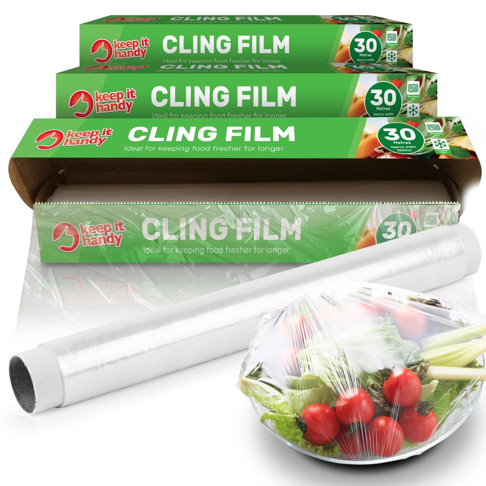SOL 3pk Cling Film for Food |Catering Dispenser and Cutter | Storing Refill Rolls Kitchen Preparation Reusable Clingfilm with Cutter, 3 Rolls (40m x 30cm) (311045)