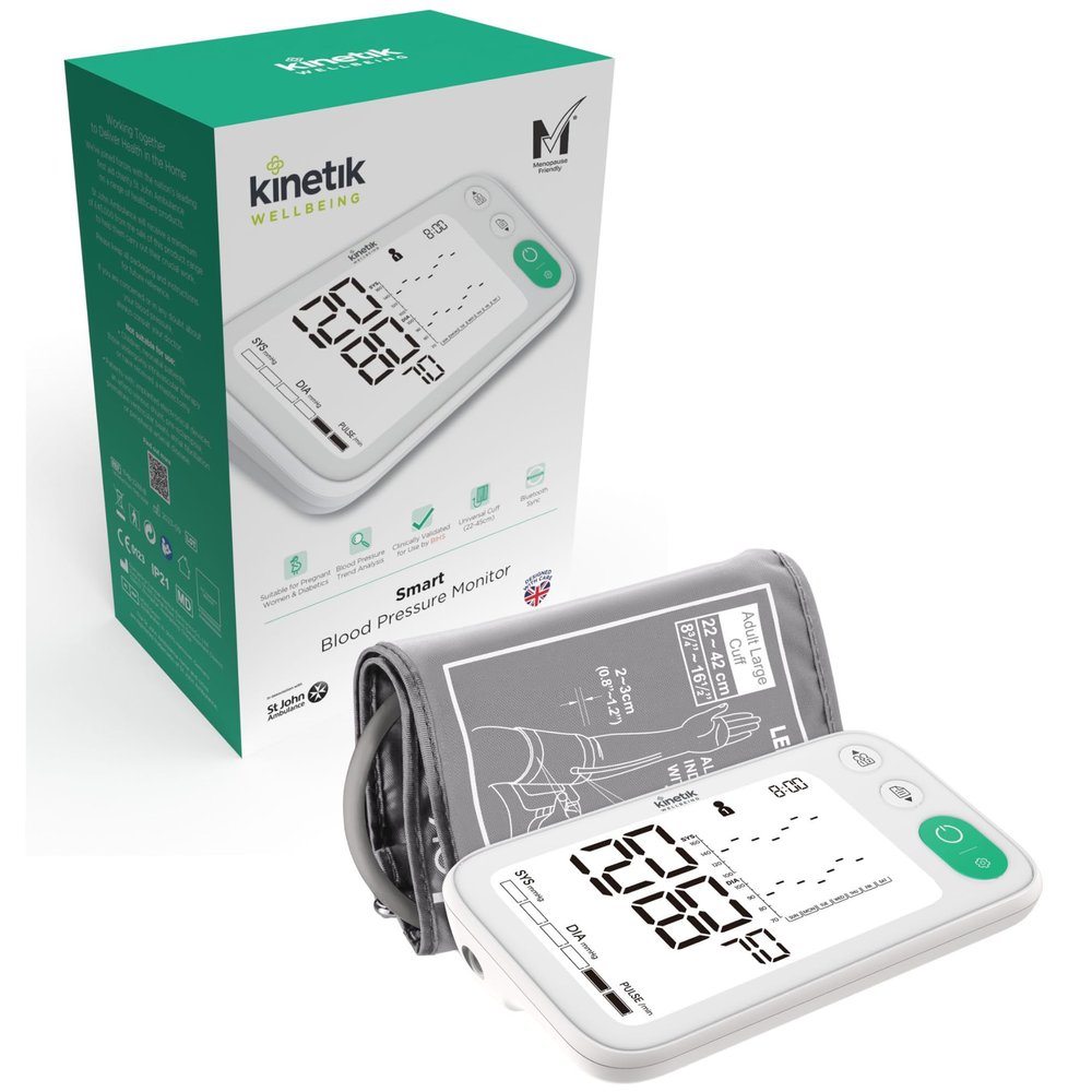 Kinetik Wellbeing Smart Blood Pressure Machine - Bluetooth Arm Blood Pressure Monitors Large Cuff Universal (22-45cm) - Used by the NHS, Safe in Pregnancy & Diabetics - Bp Monitor Menopause Friendly