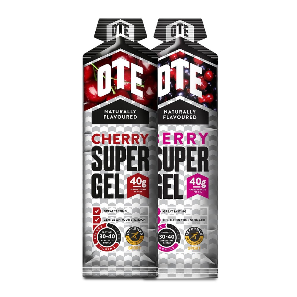 OTE Super Gel - Energy Gels for Running & Cycling - Superior Dual Source Running Gel with 40g of Carbohydrates - Glucose Gels for Swimming & Endurance Sports - Box of 12 (Berry & Cherry)