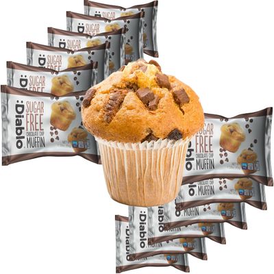 Diablo Sugar Free Chocolate Chip Muffin Cupcake - Sweetened with Maltitol, Halal & Kosher Approved, Sugar Free Snacks - Perfect for Gifting, Birthdays, Special Occasions - 45g Each, Pack of 12