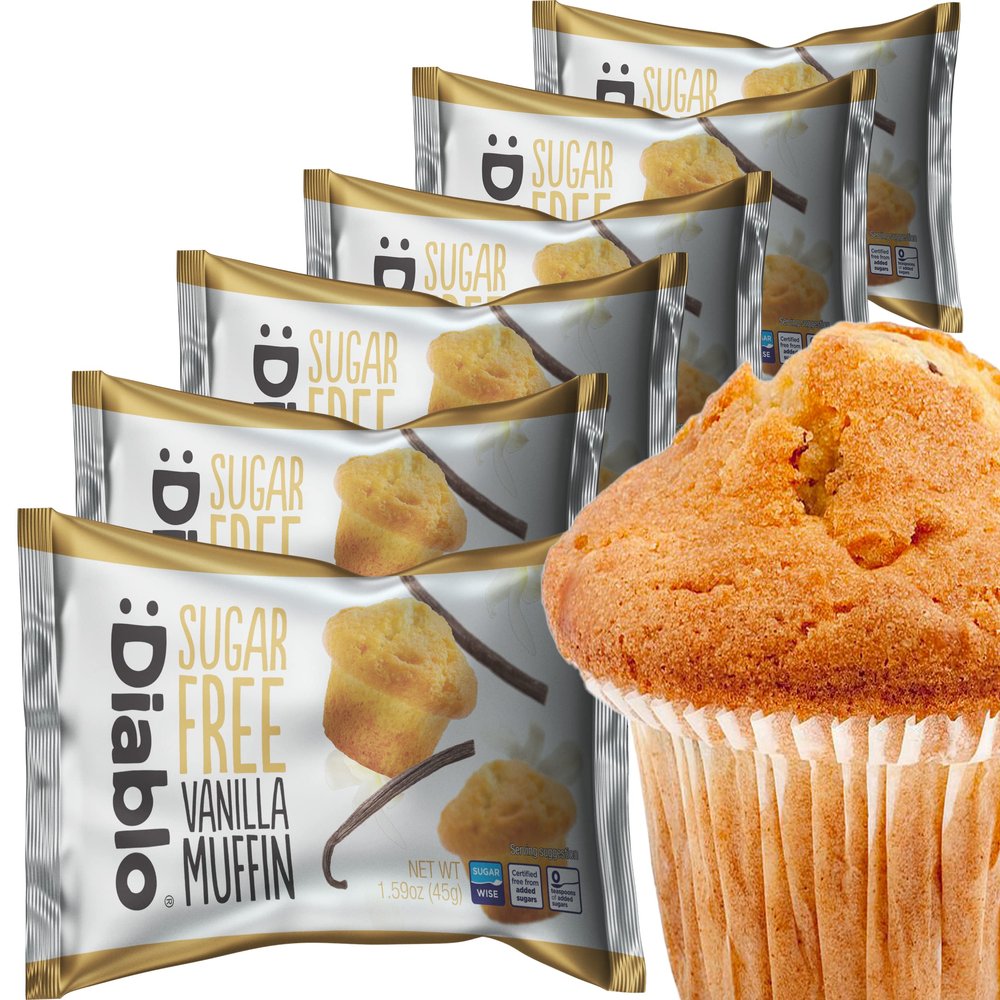 Diablo Sugar Free Vanilla Muffin Cupcake - Sweetened with Maltitol, Halal & Kosher Approved, Sugar Free Snacks - Perfect for Gifting, Birthdays, Special Occasions - 45g Each, Pack of 6