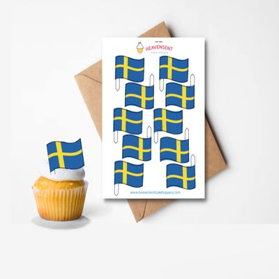 20x Pre-cut Sweden Swedish Flags Edible Thick Wafer Card Standing Cupcake Toppers Birthday Party Cake Decorations