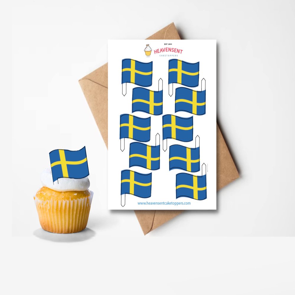 20x Pre-cut Sweden Swedish Flags Edible Thick Wafer Card Standing Cupcake Toppers Birthday Party Cake Decorations