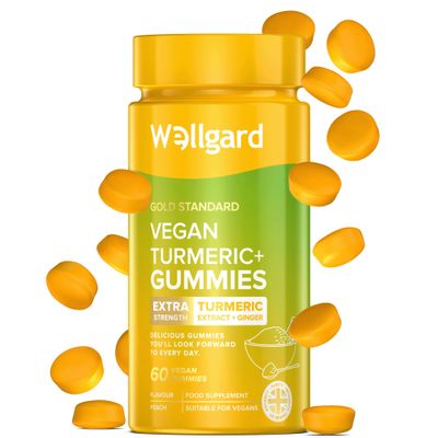 Wellgard Vegan High Strength Turmeric Gummies with Ginger 1980MG Chewable Turmeric Curcumin Supplement, 60 Gummies, Peach Flavour
