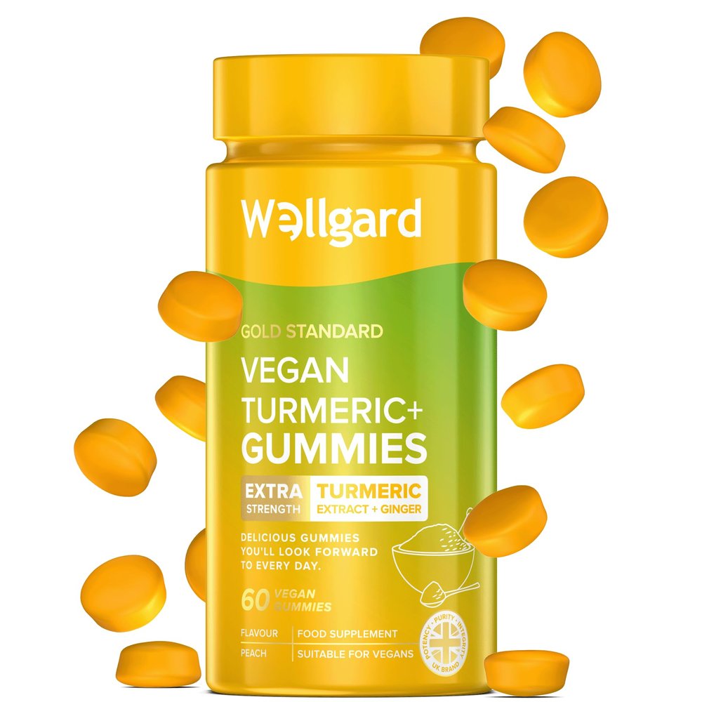 Wellgard Vegan High Strength Turmeric Gummies with Ginger 1980MG Chewable Turmeric Curcumin Supplement, 60 Gummies, Peach Flavour