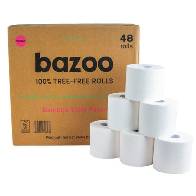 Bazoo Luxury Bamboo Unwrapped Toilet Tissue Paper - Plastic Free, Eco Friendly, Septic Safe, Biodegradeable Bath Tissue with Soft, Quick Dissolving 3 Ply Sheets - Double-Length Bamboo Toilet Rolls
