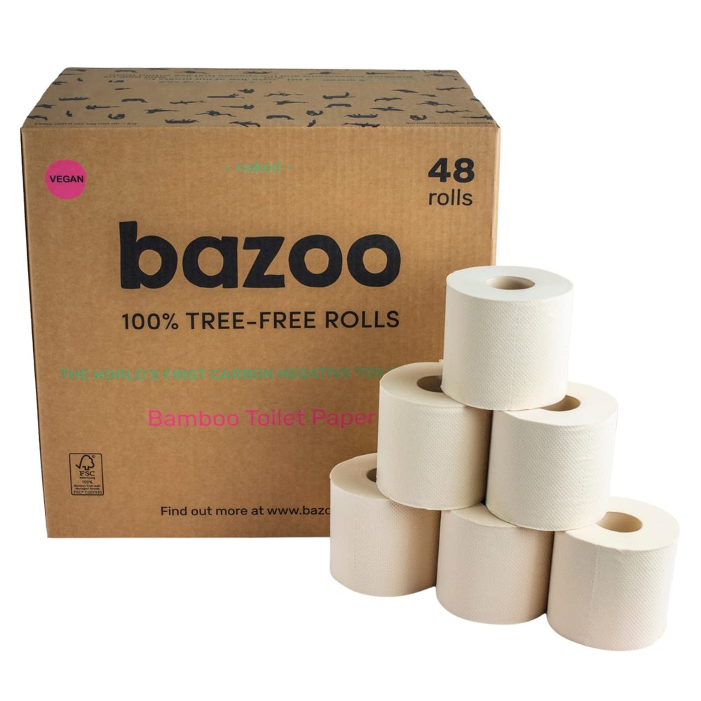 Bazoo Luxury Bamboo Unbleached Toilet Tissue Paper - Plastic Free, Eco Friendly, Septic Safe, Biodegradeable Bath Tissue with Soft, Quick Dissolving 3 Ply Sheets - Double-Length Bamboo Toilet Rolls