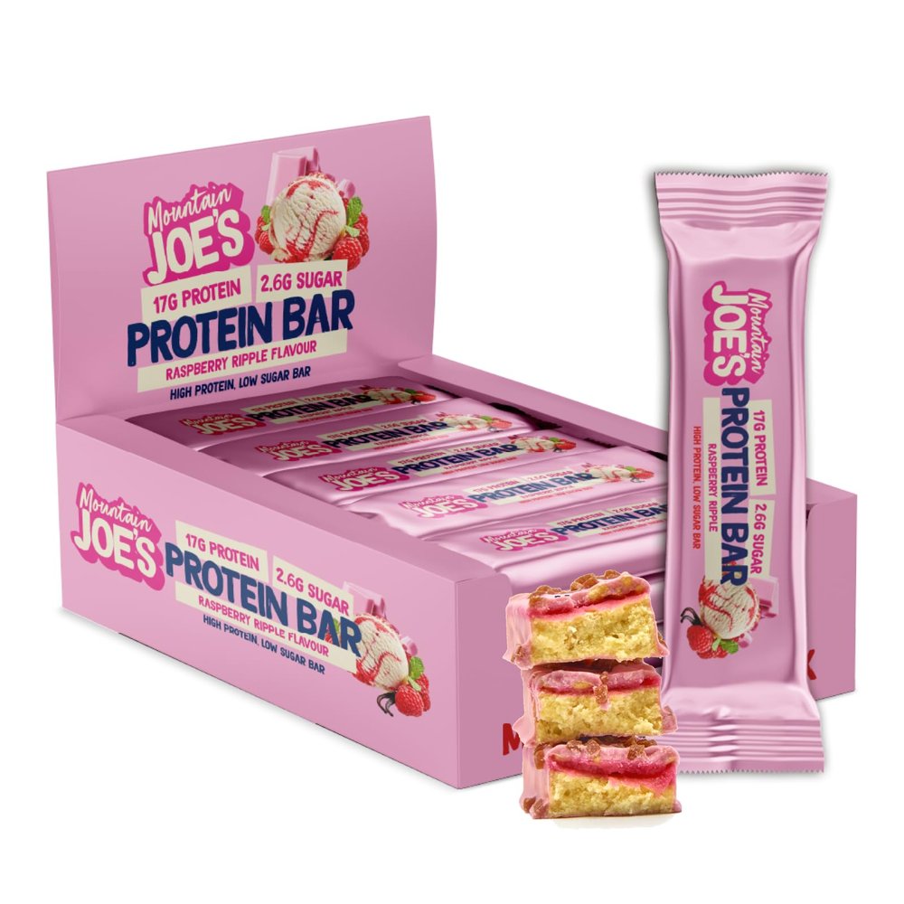 Mountain Joes On-the-Go Protein Bar | High Protein & Fibre, Low Sugar Bar with 17g Protein | Nutritional & Healthy Gym Snack Bar | Box of 12 x 55g (Box, Raspberry Ripple)