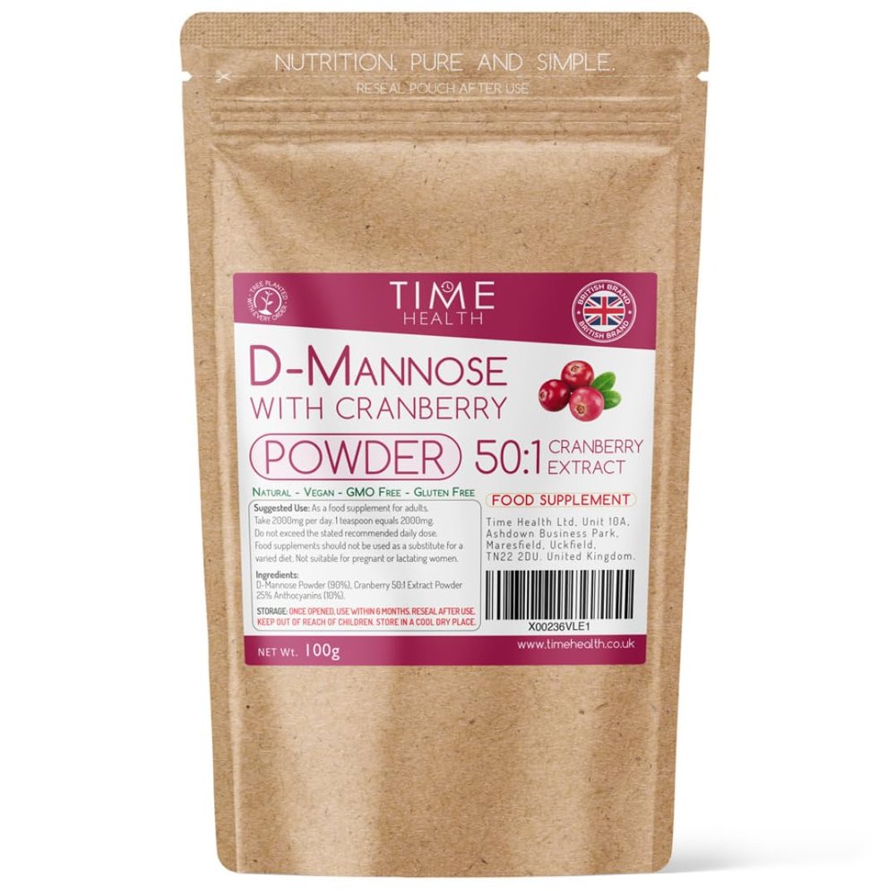 D Mannose & Cranberry Powder - Urinary Tract Cleanse & Bladder Care - Extra Strength 50:1 Cranberry Extract / 25% Anthocyanins - UK Made - GMP Standards - Vegan (100g Powder)