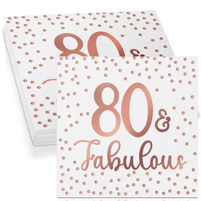 Tenare 40 Pcs Glitter Napkins Happy 80th Birthday Fabulous Cocktail Disposable Napkin for Birthday Party Anniversary Decoration, 3 Ply White and Rose Gold(80th Fabulous,White and Rose Gold)