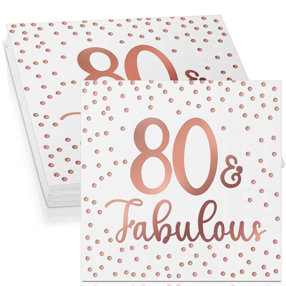 Tenare 40 Pcs Glitter Napkins Happy 80th Birthday Fabulous Cocktail Disposable Napkin for Birthday Party Anniversary Decoration, 3 Ply White and Rose Gold(80th Fabulous,White and Rose Gold)