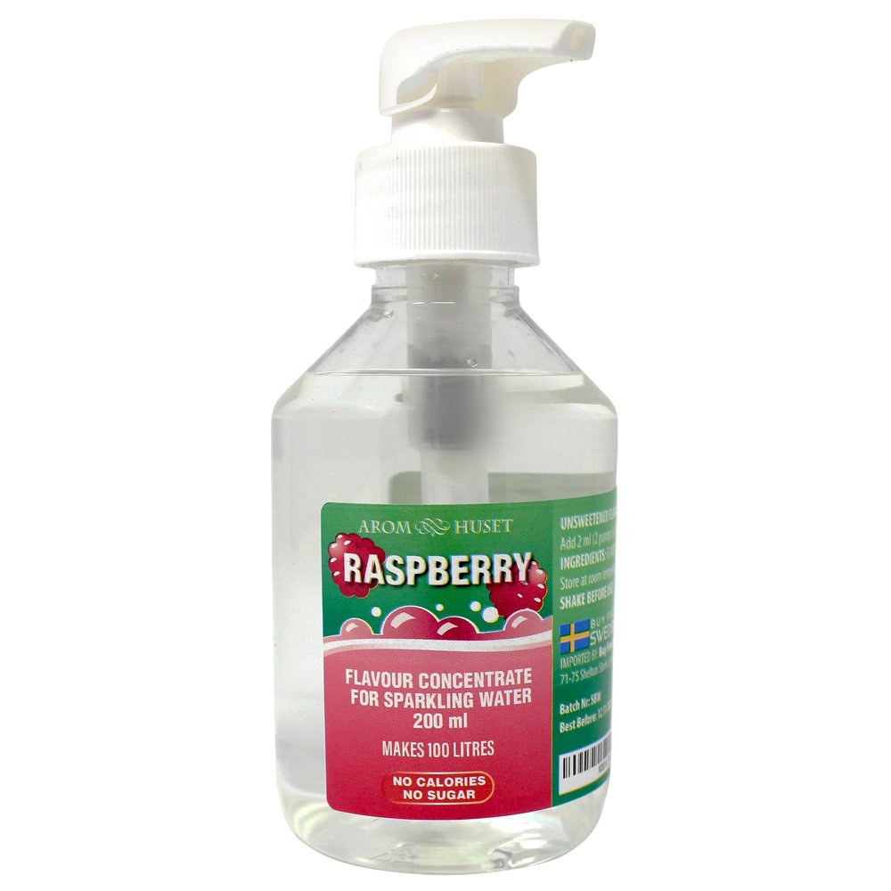 Aromhuset Raspberry Sparkling Water Flavouring Drops 200ml - With Pump Bottle - Makes 100 Litres with 1-500 - Zero Sugar & No Calories - Just Add 2 Pumps to 1 Litre Sparkling Water