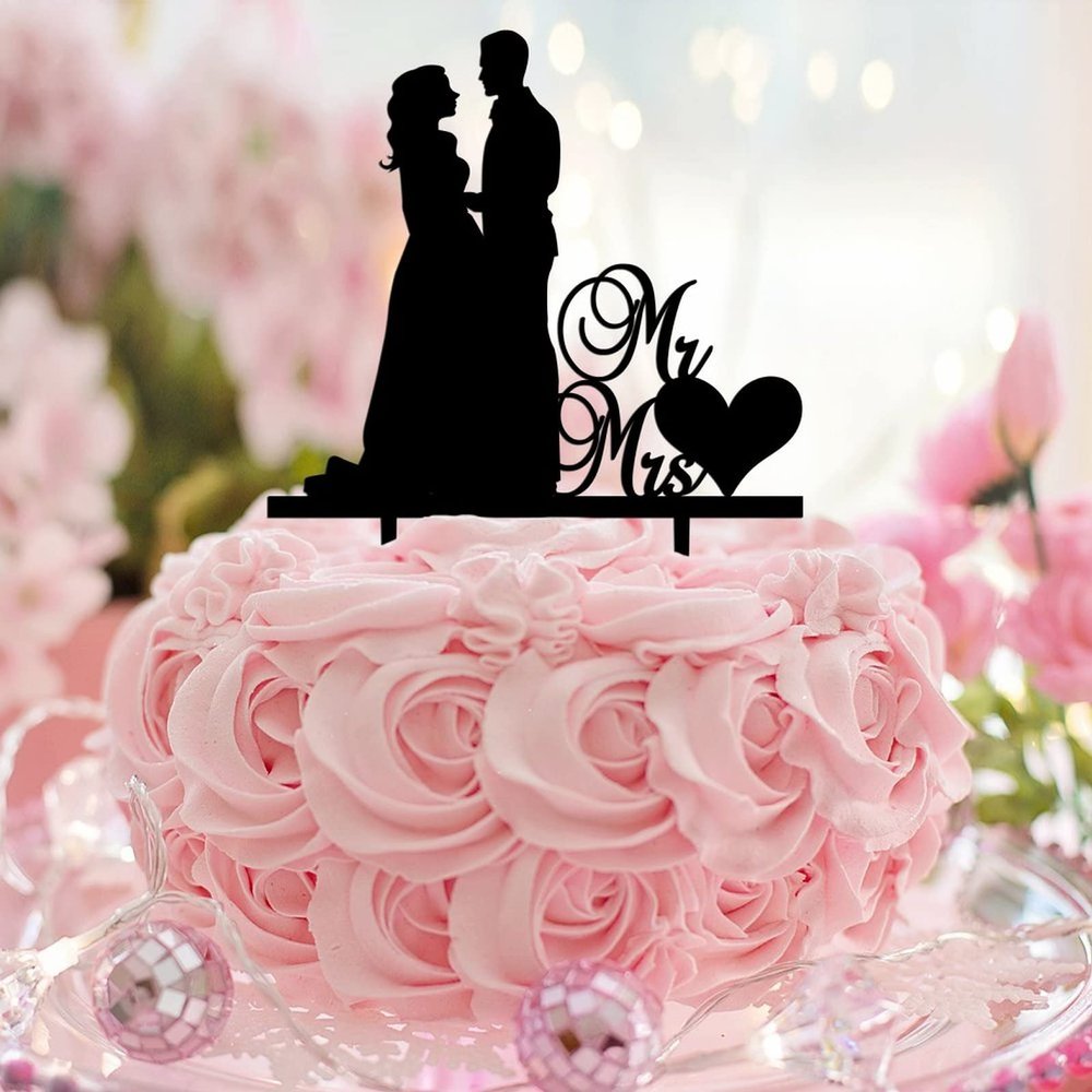 Ring,Heart Mr And Mrs Rustic Wedding Engagement Cake Topper Silhouette Personalized Rustic Bride And Groom Cake Toppers For Wedding Engagement Wedding Decorations Bridal Shower Gifts Acrylic Black