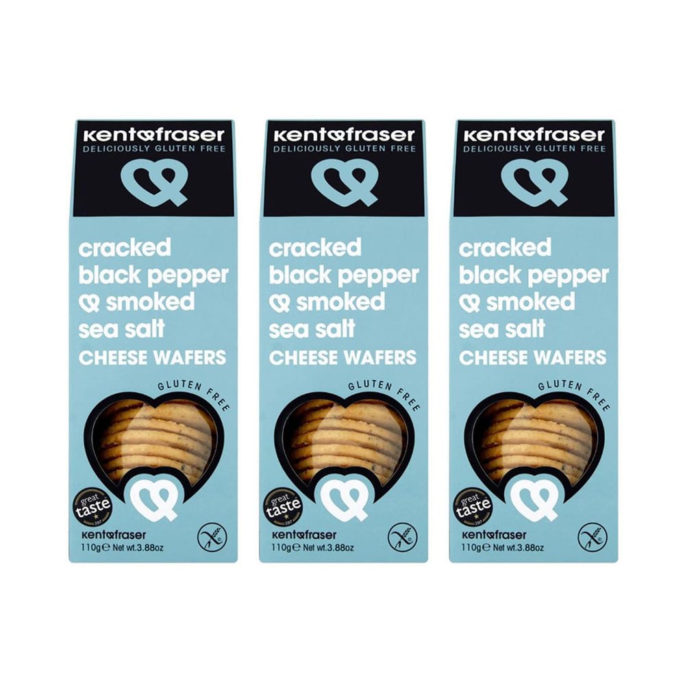 Kent & Fraser Gluten Free Cracked Black Pepper & Smoked Sea Salt Cheese Biscuits | Wheat Free Savoury Crackers | 110g (Pack of 3)