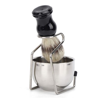 3Pcs/Set Shaving Brush and Bowl Kit for Men, Shave Brushes Set with Stainless Steel Bowl Bracket Stand for Men Daily Shaving