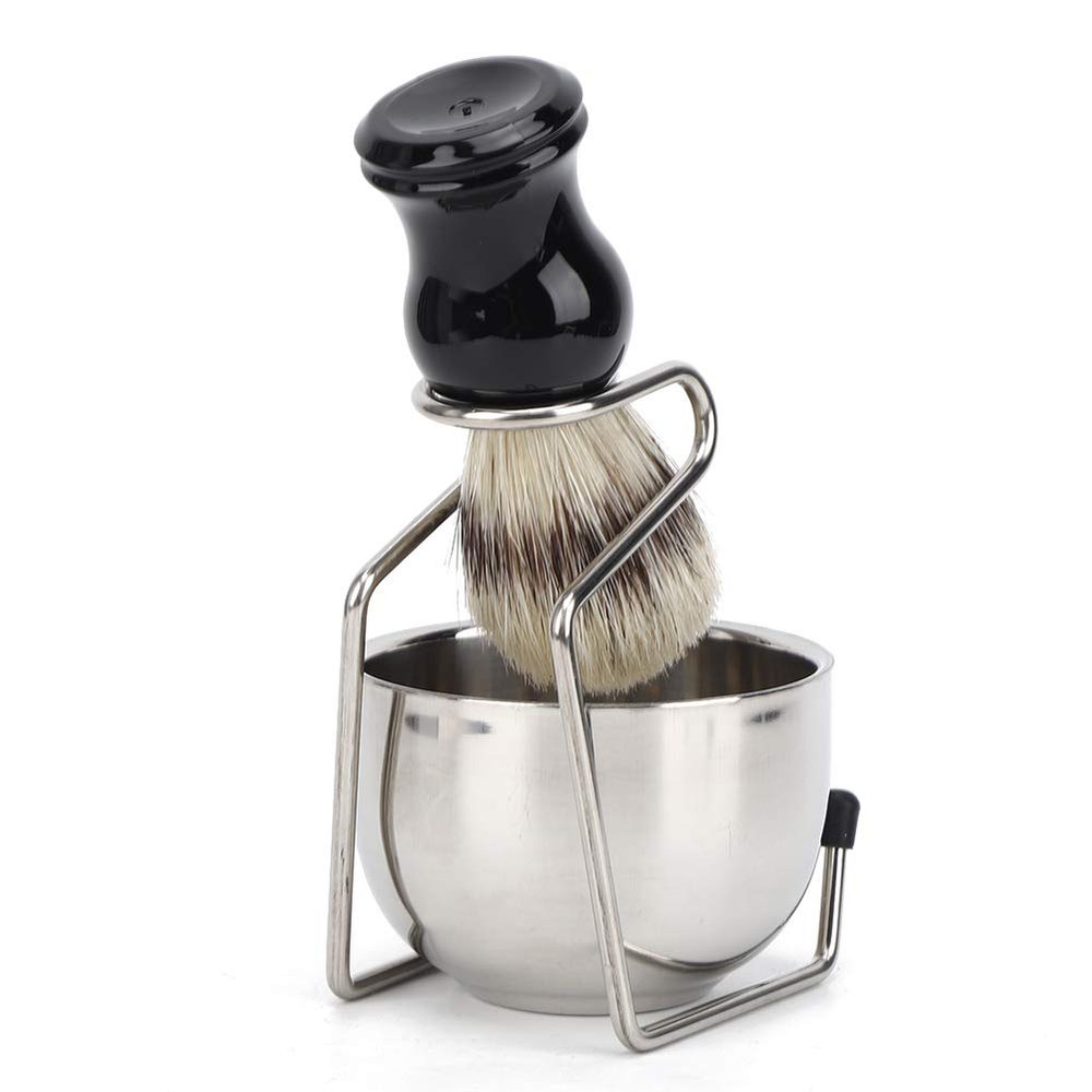 3Pcs/Set Shaving Brush and Bowl Kit for Men, Shave Brushes Set with Stainless Steel Bowl Bracket Stand for Men Daily Shaving