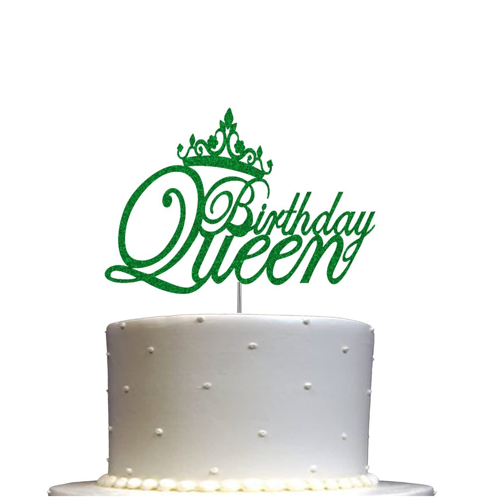 Birthday Queen Glitter Cake Topper, Birthday Party Decorations Ideas, Premium Quality Decoration, Sturdy Doubled Sided Glitter, Acrylic Stick. Made in USA (Green)