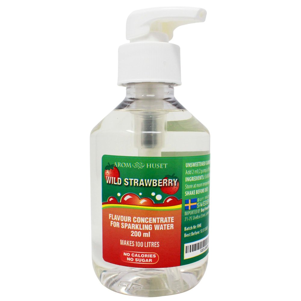 Aromhuset Wild Strawberry Sparkling Water Flavouring Drops 200ml - With Pump Bottle - Makes 100 Litres with 1-500 - Zero Sugar & No Calories - Just Add 2 Pumps to 1 Litre Sparkling Water