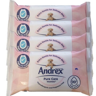 Andrex Pure Care Washlets - 4 Packs - 144 Moist Toilet Tissues - Flushable Toilet Wipes - Extra Gentle for Delicate Skin - Fragrance Free and Hypoallergenic - Biodegradable and Plastic-Free