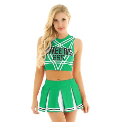 Alvivi Women's Sexy Cheerleading Costume Crop Top with Mini Pleated Skirt Set Schoolgirl Cheer Leader Uniform Green XL