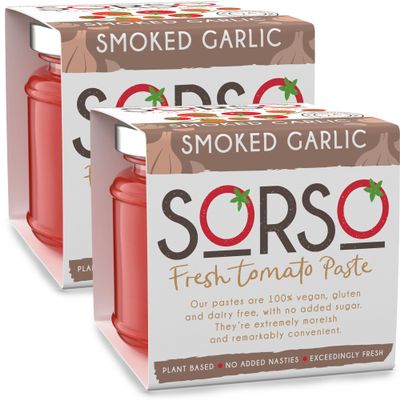 SORSO Smoked Garlic Tomato Paste 2x220g | Vegan, No Added Sugar, Gluten-Free | Natural Italian Recipe | Made in London | Use for Pizza, Pasta, Ketchup, Dip or Soup | 24kcal - 98% Vine Tomatoes