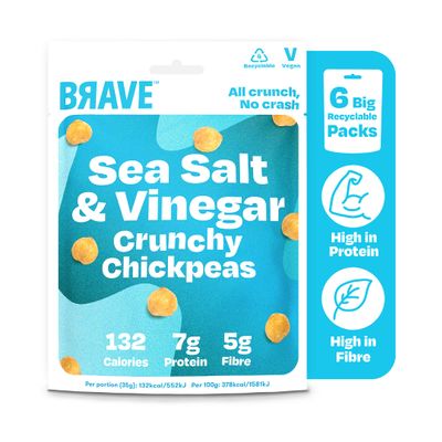 BRAVE Roasted Chickpeas: Healthy Snack, High Protein, Low Calorie - Salt & Vinegar (6 x 115g Packs)