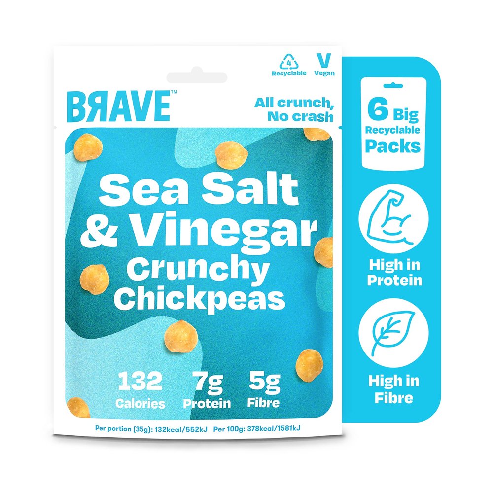BRAVE Roasted Chickpeas: Healthy Snack, High Protein, Low Calorie - Salt & Vinegar (6 x 115g Packs)