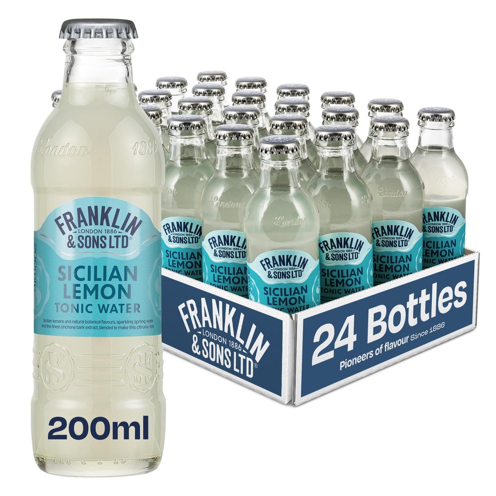 Franklin & Sons Sicilian Lemon Tonic Water | 24 x 200ml Bottle Case | Natural Sicilian Lemon Flavour | Natural Flavours | Lake District Water | Zesty Gin & Tonic | Premium Mixer | Fizzier for longer