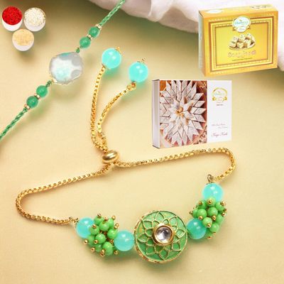 Ghasitaram Gifts Rakhis Online - Rakhi for Brother-T-12 Green Stone Bhaiya Bhabhi Rakhi with 200 GMS of Kaju katli and 200 GMS of Soan Papdi