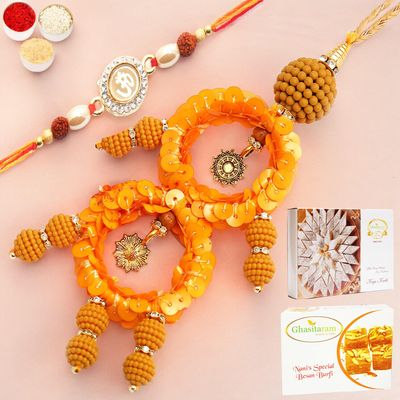 Ghasitaram Gifts Rakhis Online - Rakhi for Brother- Sisters Blessings rm073 Bhaiya Bhabhi Rakhi with 200 GMS of Besan Barfi and 200 GMS of Kaju Katli